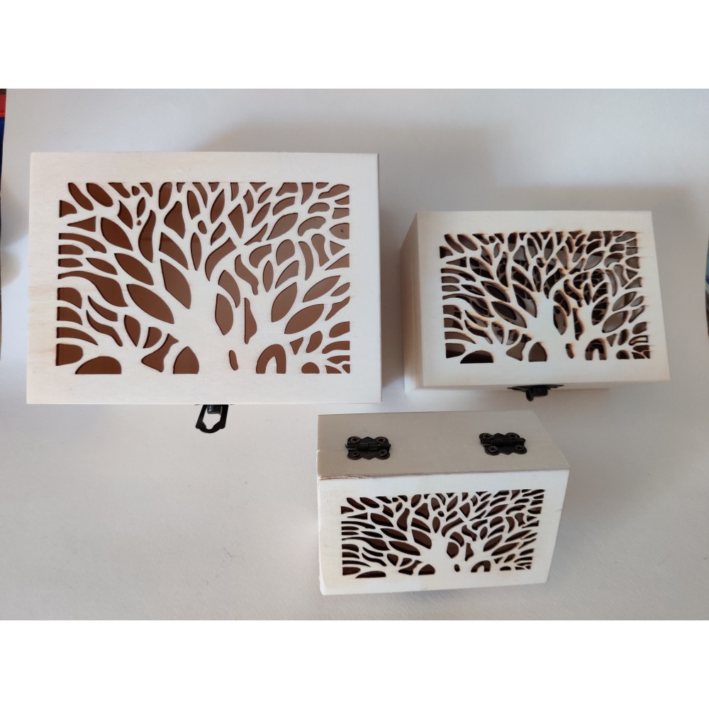 Σετ 3 Ξύλινα αλουστράριστα κουτιά με σκαλιστό δέντρο