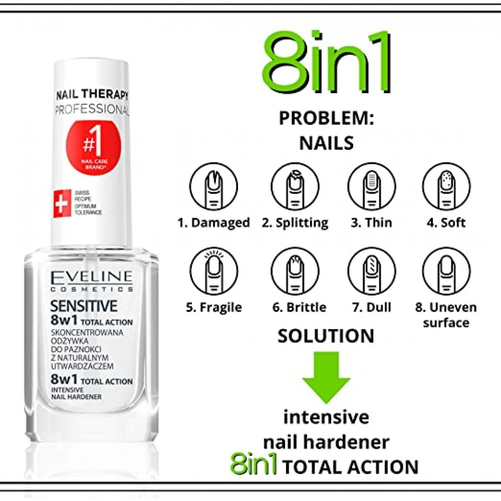 Eveline Sensitive 8w1 Total Action Intensive Nail Hardener 12ml Σκληρυντικό με Πινέλο 12ml
