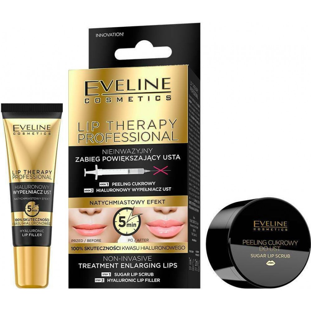Eveline Lip Therapy Professional Lips Enlarging Treatment Sugar Peeling 7ml + Hyaluronic Lip Filler 12ml Θεραπεία αύξησης των Χειλιών