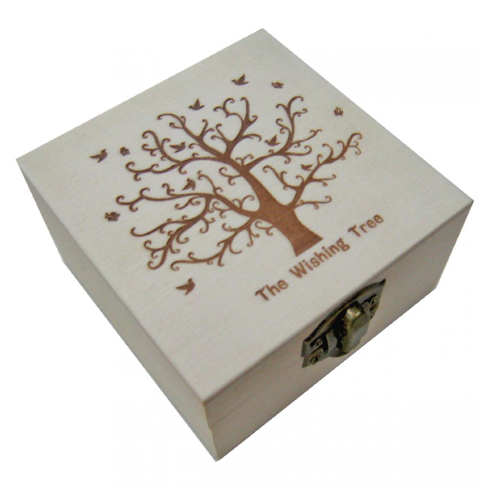 Ξύλινο αλουστράριστο τετράγωνο κουτί με πυρογραφία “The Wishing Tree”