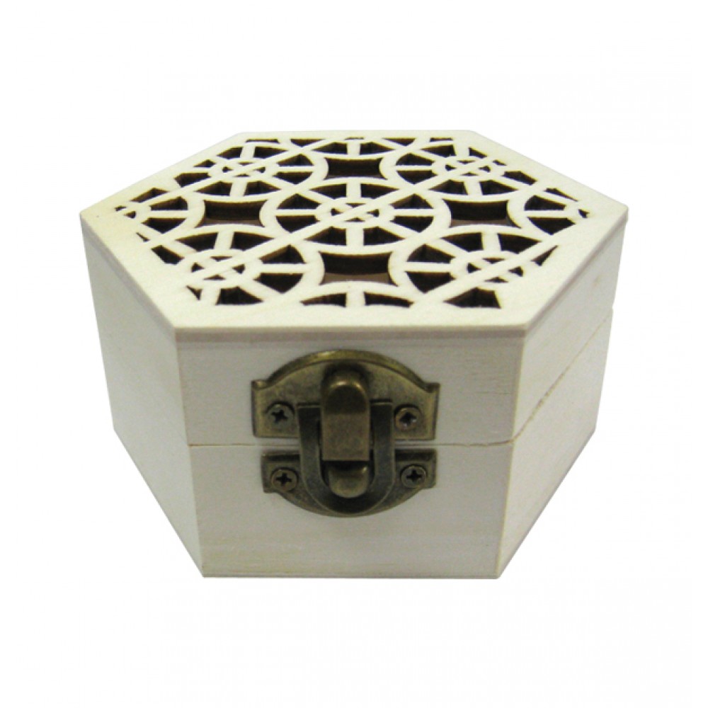 Ξύλινο εξάγωνο αλουστράριστο κουτί σκαλιστό με γεωμετρικά σχήματα
