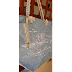 Τσάντα θαλάσσης σιέλ με λευκό καράβι