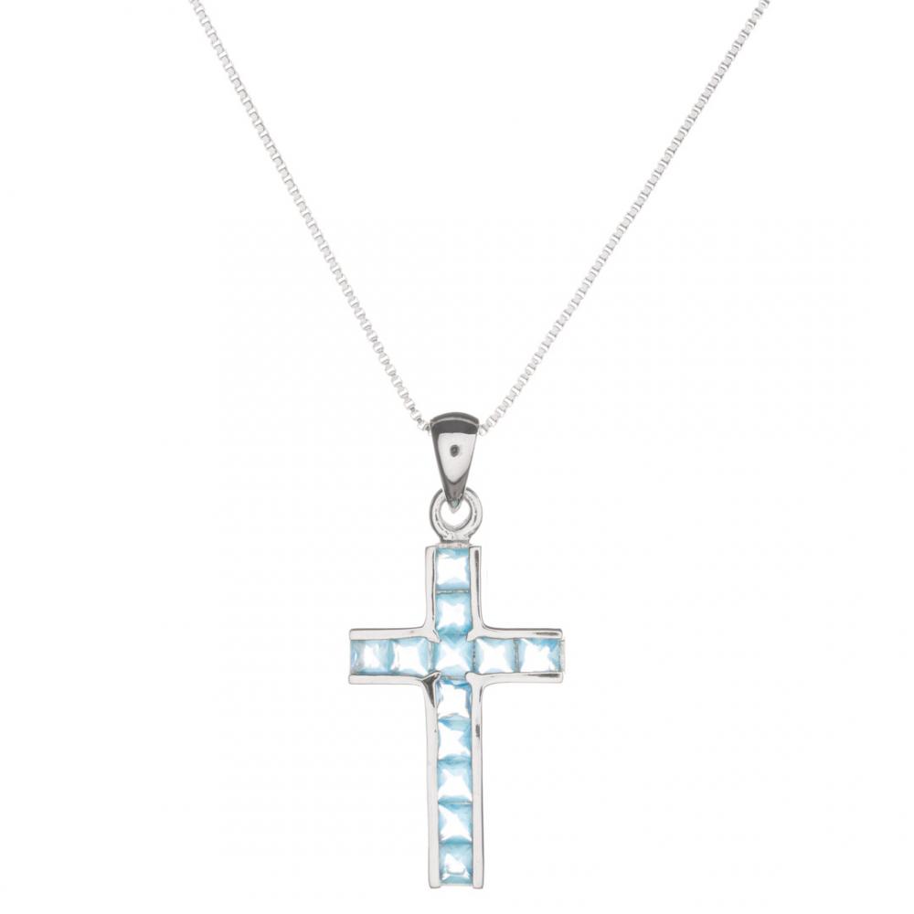 Χειροποίητο κολιέ από Ασήμι 925 Σταυρός σε ασημί με γαλάζιες πέτρες ζιργκόν 021